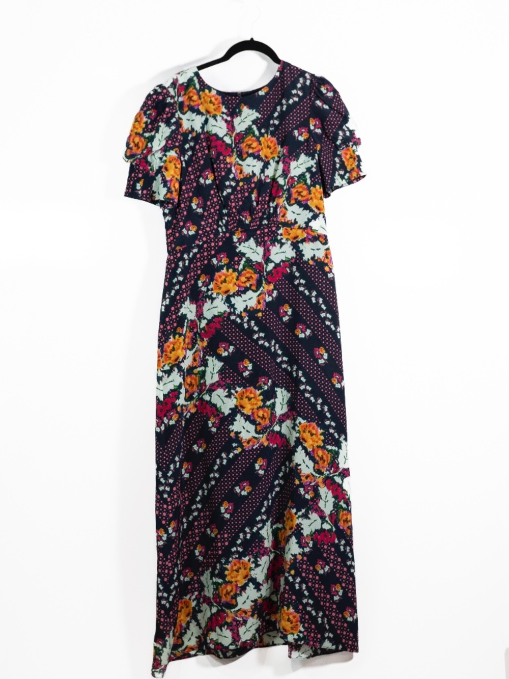 Saloni Bianca Silk Chiffon Mix Print Pattern Cap Short Sleeve Midi Dress 8